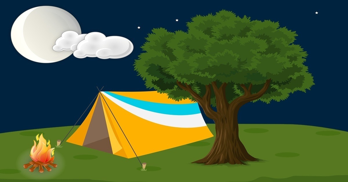 graphic of tree, tent and campfire