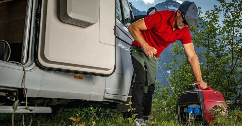 man near campervan starting a dry camping generator